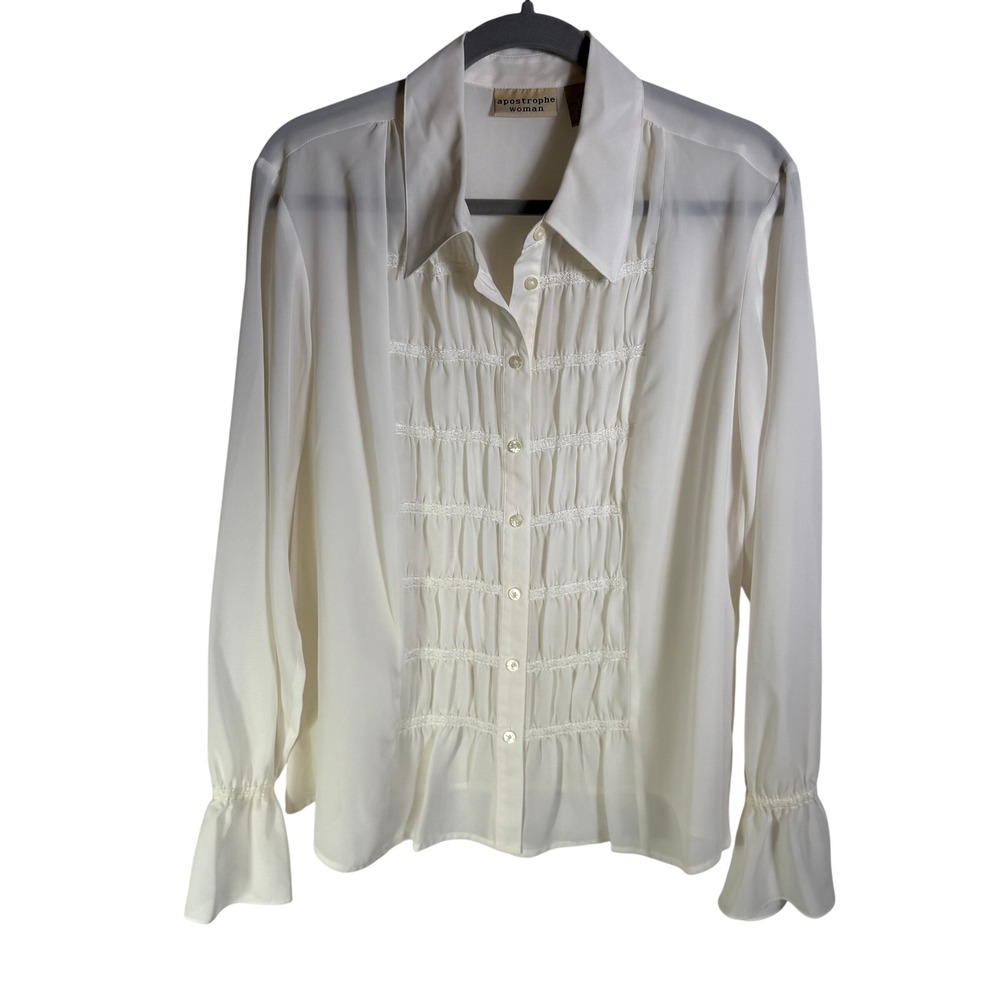 Apostrophe Woman White Pleated Lace Trim Ruffle Cuff Button Down Blouse 16W